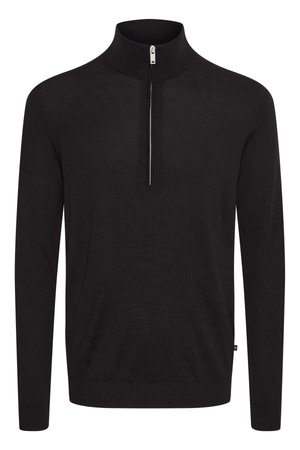 Black zip-neck sweater made of soft fabric. Features long sleeves, a high collar, and a sleek, minimalist design.