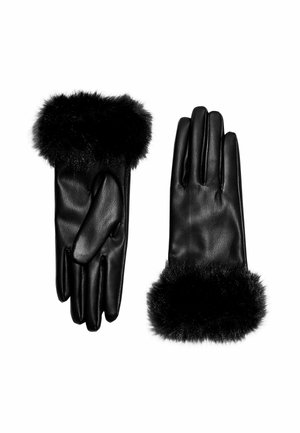 Black leather gloves with a soft black faux fur trim at the cuffs. They feature a classic design with stitched seams and a smooth texture.