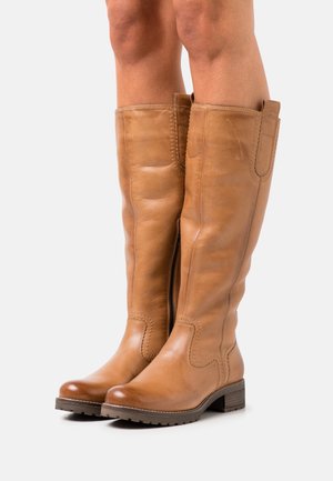 Brown leather knee-high boots with a rounded toe, textured finish, side zip closure, and a low block heel.