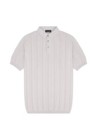 Jasnoszara krótko rękawowa koszulka polo o żebrowej strukturze, z pionowymi paskami i trzema guzikami. Miękki materiał z luźnym krojem.