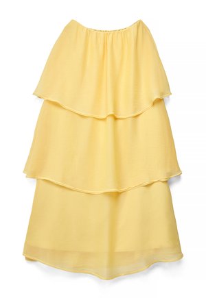 Żółta midi spódnica z trzema warstwami zwiewnego szyfonu i marszczonym elastycznym pasem.