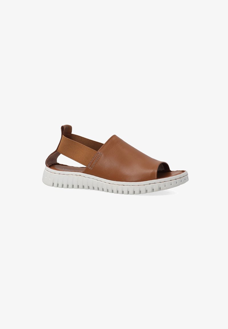 Brune læder sandal med åben tå og elastisk rem. Hvid gummisål med horisontale riller for bedre greb.