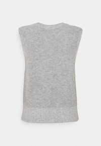Maglione senza maniche grigio con una texture a coste, caratterizzato da un collo a giro e un orlo aderente, che mette in risalto un design semplice e pulito.