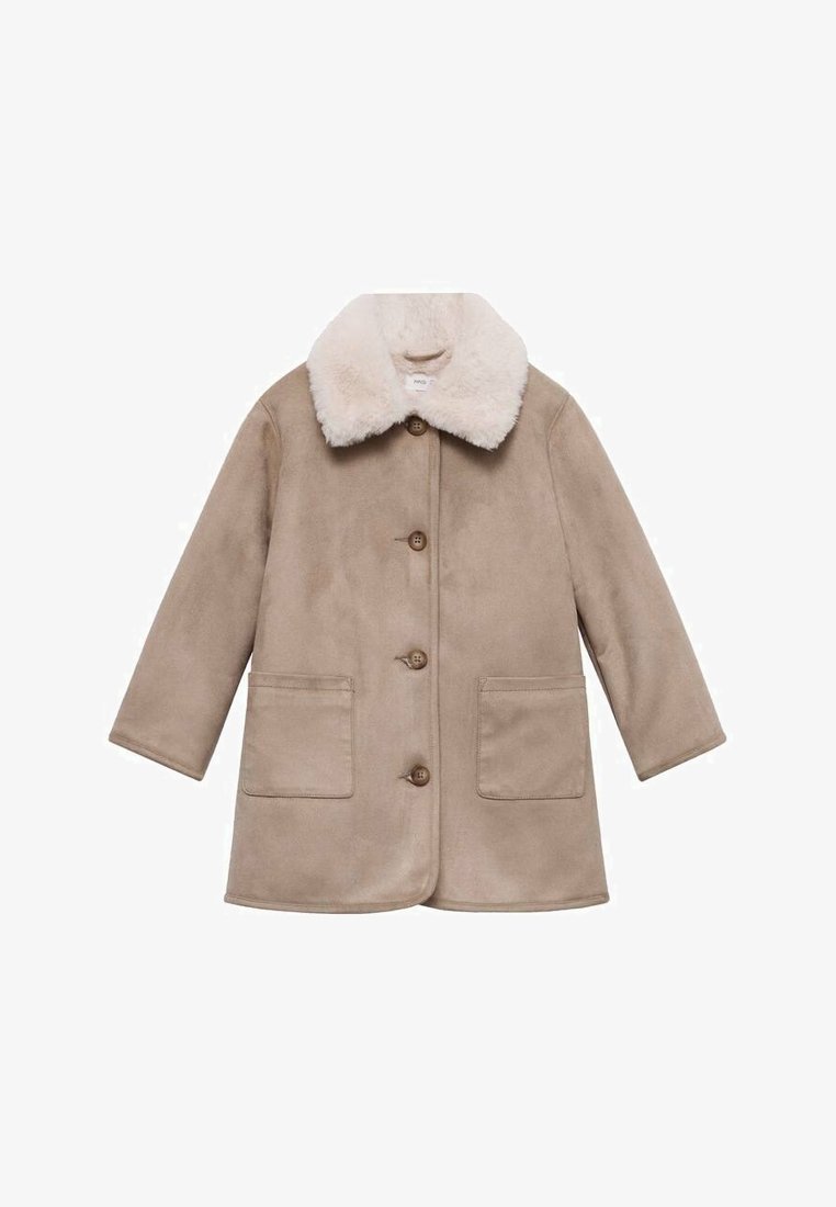 Béžový vnější kabát s měkkým límcem z faux kožešiny, se pěti knoflíky, dvěma předními kapsami a uvolněným středně dlouhým designem.