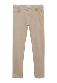 Beżowe dżinsy o dopasowanym kroju, z przednimi kieszeniami, jedną tylną kieszenią oraz zapięciem na guzik. Gładka faktura z wzmocnionymi szwami.