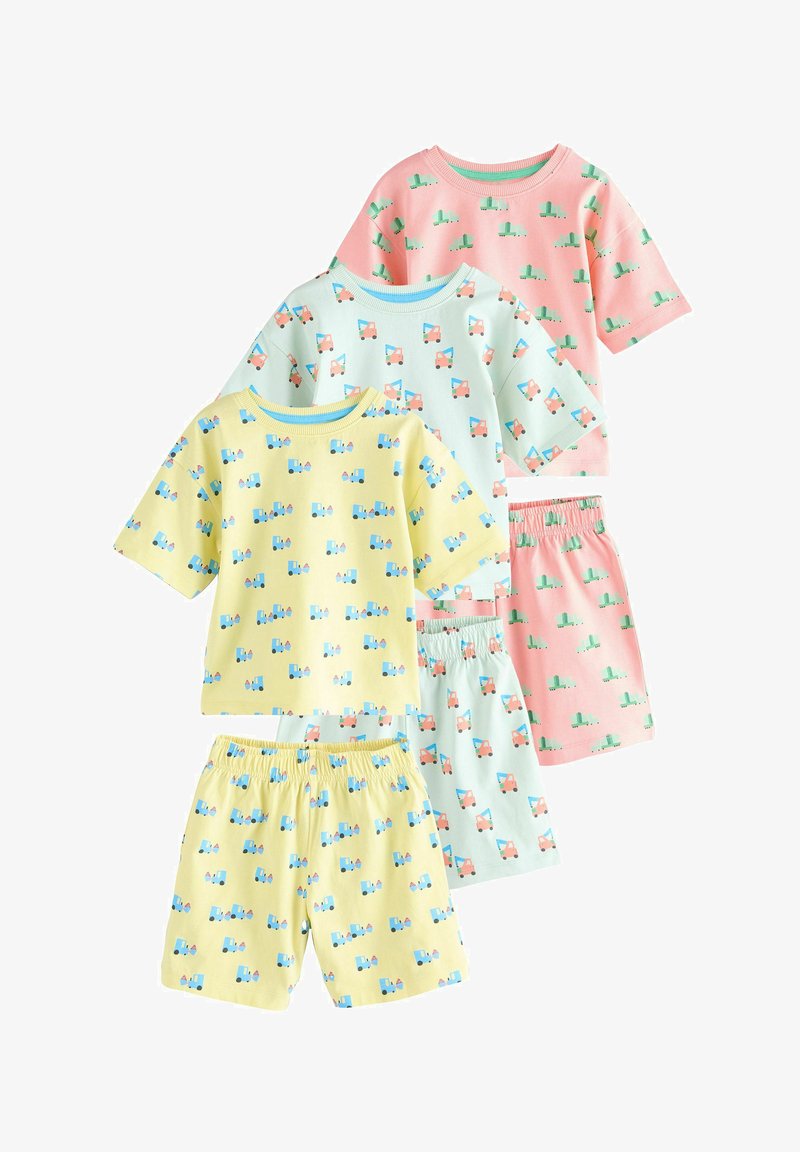 Three sets of children's short-sleeve tops and shorts in pink, light blue, and yellow, each with small vehicle patterns.