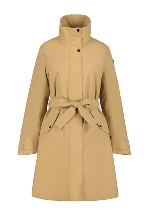 Beige vandtæt trench coat med høj krave, bælte i taljen, knaplukninger og sidelommer. Glat tekstur og moderne snit.