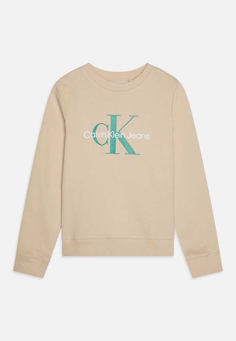 Bež dukserica s dugim rukavima, kružnim izrezom i tirkiznim grafičkim logotipom "Calvin Klein Jeans" u središtu prednje strane.