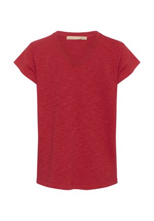 Punane lühikeste varrukatega T-särk V-kaelusega. Valmistatud kergest kangast, millel on veidi tekstureeritud pind. Lihtne, argine disain.