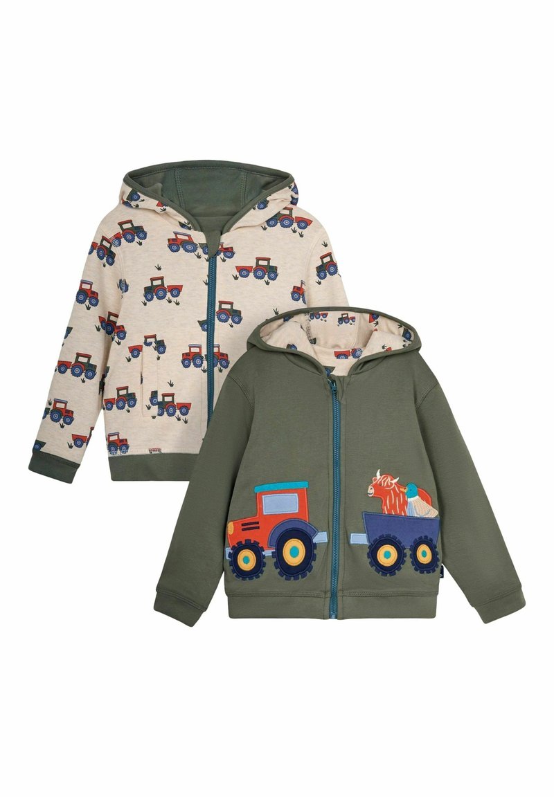 JoJo Maman Bébé HIPPO APPLIQUE REVERSIBLE HOODIE - Kardigán - khaki green tractor