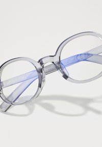 Transparent round glasses with a grayish tint, featuring clear arms with a blue gradient. The frame has a smooth, glossy finish.