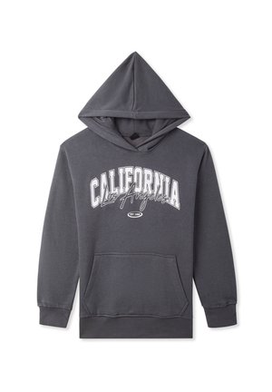 Felpa grigia con cappuccio e tasca frontale, caratterizzata da testo bianco "CALIFORNIA" e "Los Angeles", realizzata in morbido cotone.