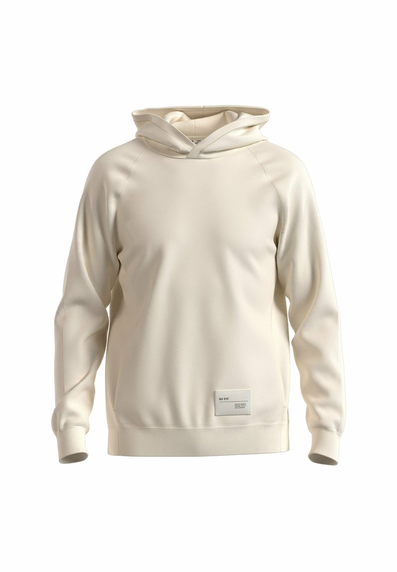 Cremefarbener Kapuzenpullover mit glatter Textur, Raglanärmeln und geripptem Saum. Verfügt über ein Logopatch auf der unteren Vorderseite.