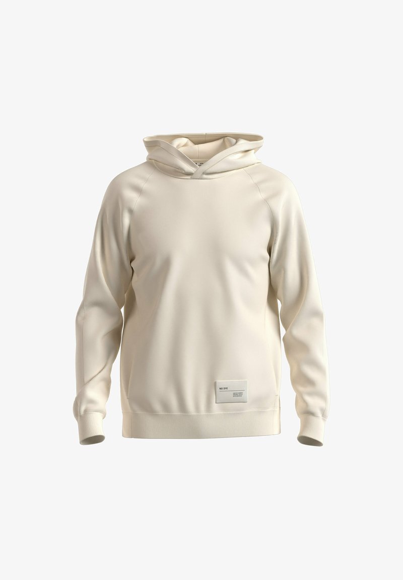 Crème-kleurige hoodie met een gladde textuur, raglanmouwen en een geribbelde zoom. Voorzien van een logopatch op de lagere voorkant.