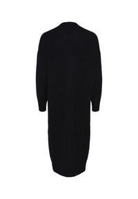Svart virkade klänning med långa ärmar, rund halsringning och en lös passform. Tyget verkar mjukt och strukturerat med en lång, rak silhuett.