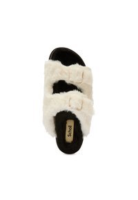 Fuzzy white slide sandal with two adjustable straps and a black textured sole. Features the brand label "Scholl" on the footbed.