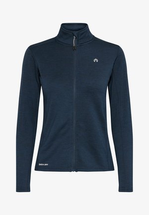 Tumedat sinine tõmblukuga jope kõrge krae, tekstureeritud kangas, pikad varrukad ja "QUICK DRY" trükk alläärs. Kerge ja voolav disain.