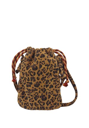 Petit sac pochette avec cordon, imprimé léopard marron et noir, cordons rouges à motifs.