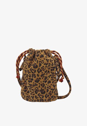 Petit sac pochette avec cordon, imprimé léopard marron et noir, cordons rouges à motifs.