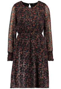Květinové šaty s černým pozadím, dlouhými rukávy, elastickým pasem a detaily ve tvaru klíčové dírky na zadní straně. Vyrobeno z lehkého, poloprůhledného materiálu.