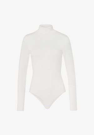 Witte bodysuit met lange mouwen en hoge col. Gladde, rekbare stof met een aansluitende pasvorm en een broekje als onderkant, minimale naden.