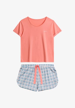Koronkowy top z krótkim rękawem o zaokrąglonym dekolcie i małym logo; szorty w kratę w kolorach niebieskim, białym i różowym z troczkiem w pasie, o luźnym kroju.