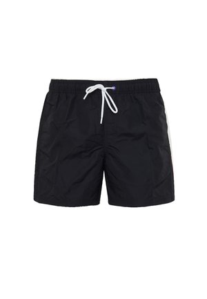 Zwarte zwembroek van lichtgewicht materiaal, voorzien van een elastische tailleband, een verstelbaar wit trekkoord en zijaccenten in contrasterende kleuren.