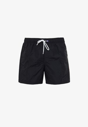 Zwarte zwembroek van lichtgewicht materiaal, voorzien van een elastische tailleband, een verstelbaar wit trekkoord en zijaccenten in contrasterende kleuren.