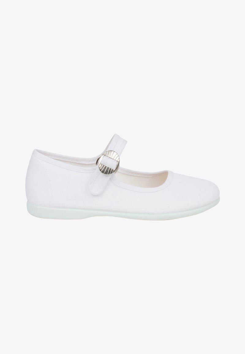 White fabric ballet flat with a round toe, adjustable strap, and silver buckle detail. Soft texture and flexible, light sole.