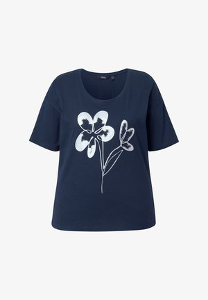 Marineblauw T-shirt met korte mouwen, een ronde hals en een wit gestileerd bloemmotief op de voorkant.