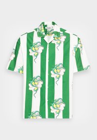 Košile s krátkým rukávem se zelenými a bílými pruhy, zdobená květinovými a hadími vzory. Tkanina působí lehce a košile má volný střih.