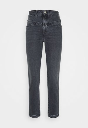 Black straight-leg jeans with high waist, belt loops, front button, zip closure, and angled front pockets against a plain white background.