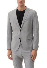 Hellgrauer Blazer aus strukturiertem Stoff, einreihiges Design, mit Reverskragen und zwei schwach sichtbaren vorderen Taschen.