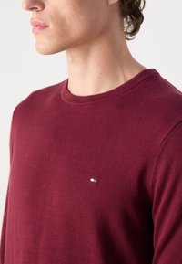 Bordeaux genser med rund hals laget av strikket stoff, med en liten logo-patch i blått, hvitt og rødt på venstre bryst.