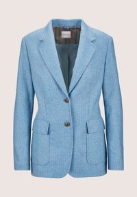 Hellblaues Blazer im Fischgrat-Muster, mit zwei Fronttaschen, einem Reverskragen und zwei braunen Knöpfen. Gefüttert mit einem gestreiften Detail.