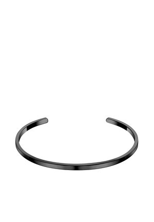 Brățară neagră cu manșetă, având un brățară de metal netedă și rotunjită. Aceasta are un design deschis în spate, având un profil elegant și minimalist.