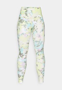 Højtaljede leggings i et flerfarvet camouflage-mønster med lysegrønne, blå, lyserøde og grå nuancer i et glat, strækbart materiale.