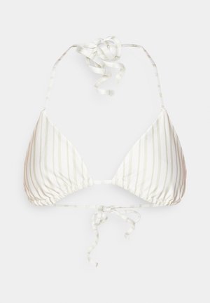 Haut de bikini blanc avec de fines rayures horizontales vert clair. Dispose de liens ajustables au cou et au dos, de rembourrage doux et de détails froncés.