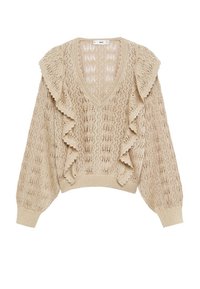 Pull beige en maille ajourée avec profond décolleté en V, manches longues bouffantes, poignets côtelés et détails à volants sur le devant et les épaules.