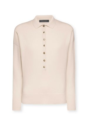 Beige pullover met een kraag, voorzien van een knoopsluiting met zes gouden knopen, en geribde manchetten en onderrand in een zachte gebreide stof.