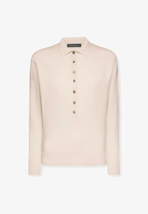 Suéter beige con cuello, que presenta una tapeta con seis botones dorados y puños y dobladillo acanalados en un material de punto suave.