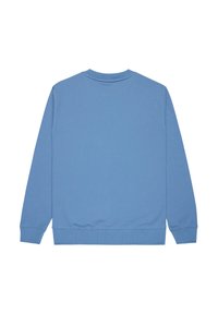 Sudadera azul de manga larga, con cuello redondo y textura suave. Presenta puños y dobladillo acanalados, sin logotipos ni patrones visibles.