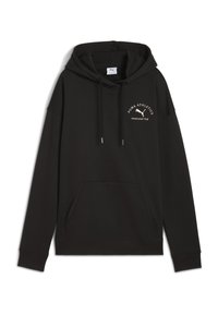 Sort pullover hoodie med en frontkænguru-lomme, snørehette og hvidt broderet logo med teksten "PUMA ATHLETICS etableret 1948."