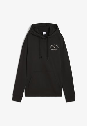 Čierna mikina s kapucňou a prednou klokankou, s šnúrkou na kapucni a bielym vyšívaným logom "PUMA ATHLETICS založené 1948."