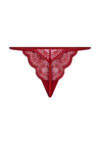Roter Tanga aus filigraner Spitze mit gezackten Kanten und einer glatten Frontpartie. Das Design umfasst dünne Träger.