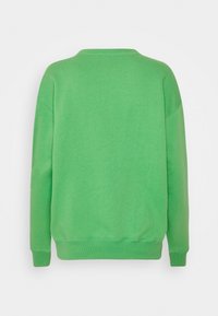 Grön sweatshirt med rundad halsringning, långa ärmar och ribbade muddar. Mjuk tyg med en slät textur, som har en enfärgad design.