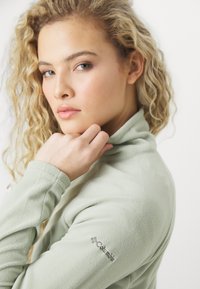 Helle grüne Fleece-Pullover mit langen Ärmeln, hohem Kragen und Logo am Arm. Weiche Textur und entspannter Schnitt.