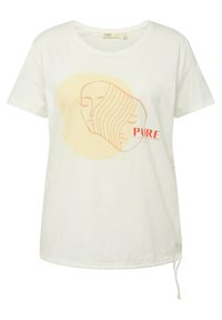 Maglietta bianca a maniche corte con scollatura tonda, caratterizzata da un design minimalista di un volto in line art con toni beigi e testo rosso "PURE SOUL."