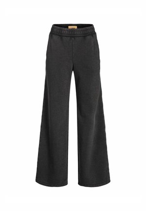 Hosen mit weitem Bein aus dunkelgrauem Stoff, mit elastischem Bund und Seitentaschen. Glatte Textur mit minimalen Nähdetails.