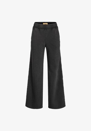 Široké kalhoty z tmavě šedé látky s elastickým pasem a bočními kapsami. Hladký povrch s minimálními detaily šití.